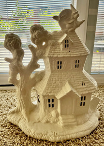 Ready-to-Paint Ceramic Haunted Village House Figurine w/ Tree, Bat & 2 Birds