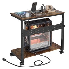 Computer Tower Stand with Charging Station, Height Adjustable 2-Tier CPU Stan...