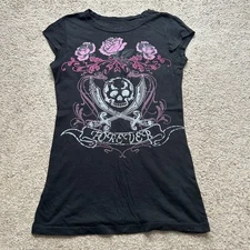 Vintage Y2K 90's 00's Teen Girl Graphic Tee XS/SM Skull with Flowers Punk Emo