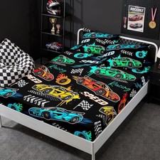 's Cartoon Sports Car Fitted Sheet 3Piece Set with 2 Pillowcases,Racing Car B...