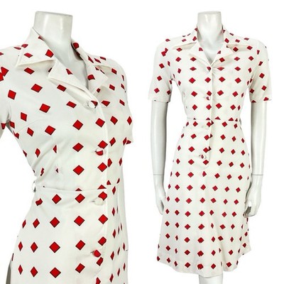 Vintage 60er 70er rot weiß geometrisch quadratischer Dolch Kerbe Revers Shirt Kleid 8 10 S