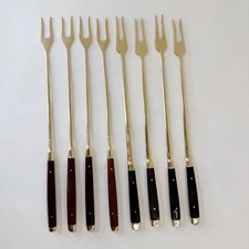 Set Of 8 Brass Fondue Forks Vintage Mid Century Retro 70s Wood & Acrylic Handles