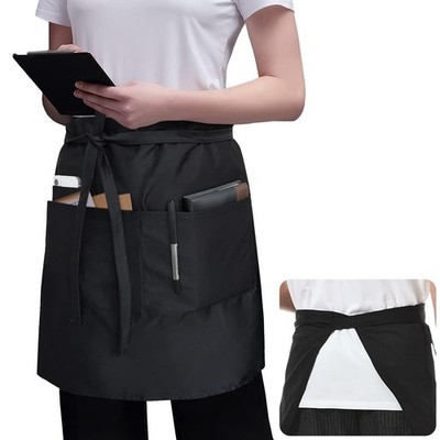 Server Apron Black with 3 Pockets 18 Inch Long Waiter Waitress Bistro Half Wa..
