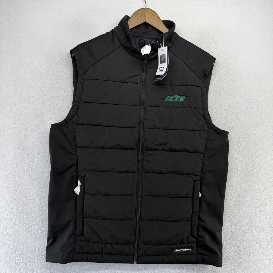 New York Jets Chaleco Hombre Mediano Negro Cremallera Puffer Bordado Logo Retro NUEVO Foto 2 de 4