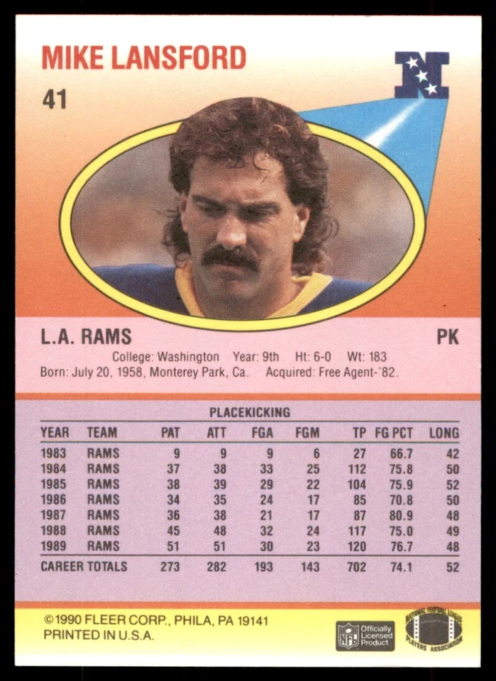 1990 Fleer Mike Lansford Los Angeles Rams #41 - Image 2 of 2