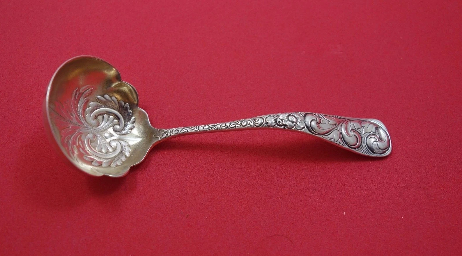 Scroll by Durgin Sterling Silver Sauce Ladle Gold Washed with Fancy Bowl 5 1/2"