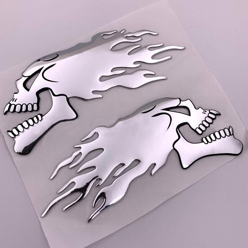 1 pair- Chrome 3D GHOST SKULLS W/FLAMES, Polished ABS, Decals, Emblems, & Cool