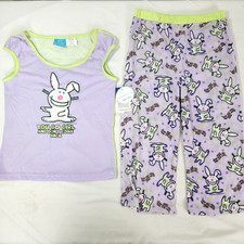 It's Happy Bunny Girl's Pajamas PJS Shirt Pants Purple Green NEW NOS Size 7 / 8