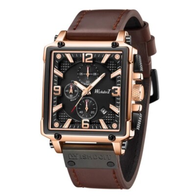 Montre Homme OLEVS Quartz Classique - Boîtier Carré Acier Doré, Cadran Noir, Bracelet Cuir Marron - étanche 30m