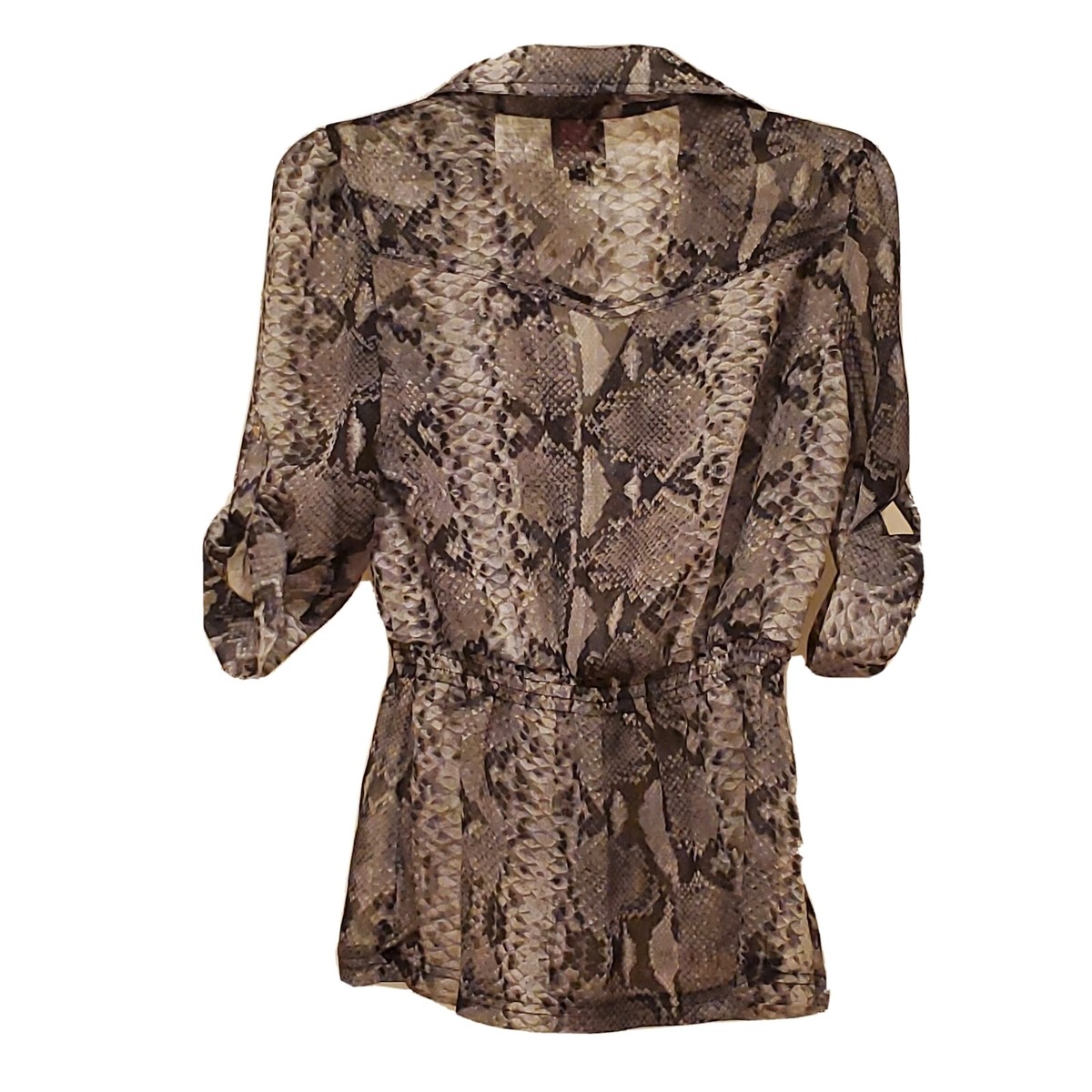 bebe 2b Top Women's Size XS Sheer Snakeskin Pattern Snap Front