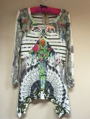 Fleur De Lis Womens Multicolor V-Neck Long Sleeve Sharkbite Hem Tunic Top Medium
