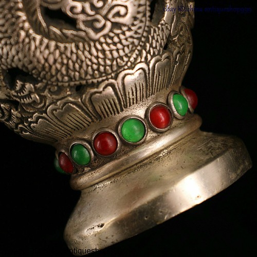 7" Chinese Dynasty Silver Inlay Gem Dragon Phoenix Flower Bottle Wine Vase Pair - Picture 9 of 9