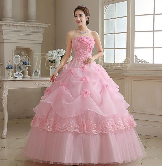 New Pink Wedding Dress Bride Slim Womens Princess Off Shoulders