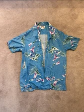 True Vintage 1970s Paradise Found Aloha Hawaiian Shirt L Blue Tropical Magnum PI