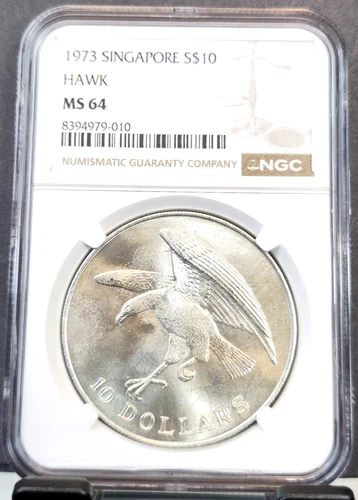 1973 SINGAPORE SILVER 10 DOLLARS S$10 HAWK NGC MS 64 SCARCE BEAUTIFUL BU