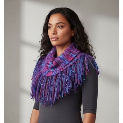 NEW Hand Knitted Blue Purple Women's Boho Cowl Scarf Fringe Artsy Whimsy Fairy