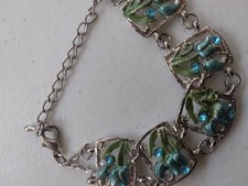 Vintage enamel floral panel bracelet blue rhi...