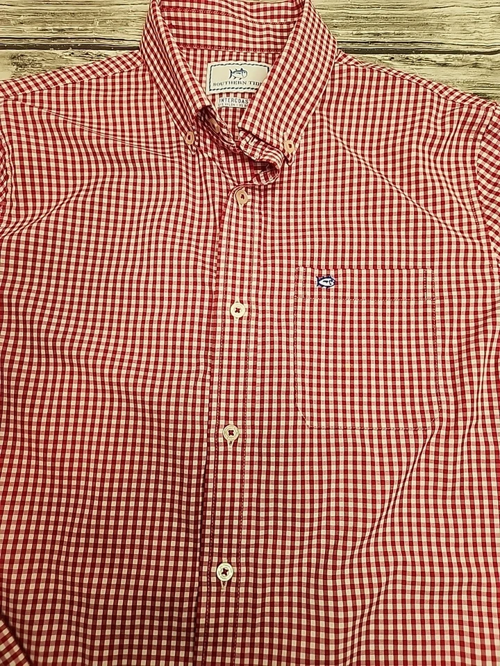 Southern Tide Intercoastal Youth XL (16) Manga Larga Abotonada Cuadros Rojo Foto 3 de 4