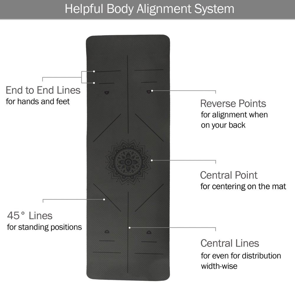 Non-Slip Yoga Mat with Alignment Guides and Carry Strap