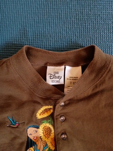 Vintage Disney Store Pocahontas Meeko Flit Henley Shirt Size L Brown Embroidered - Picture 5 of 10
