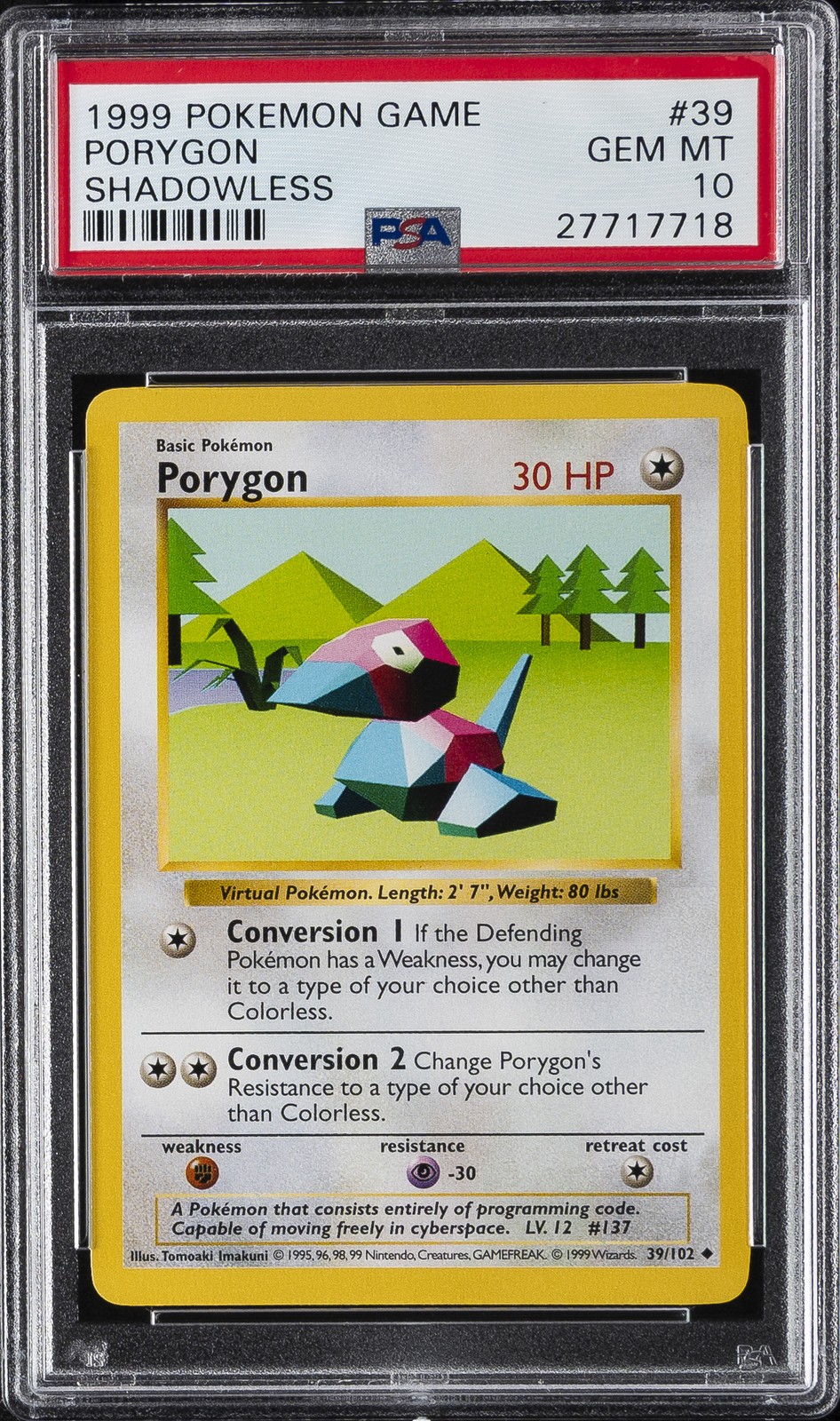 1999 POKEMON BASE SET SHADOWLESS #39 PORYGON PSA 10