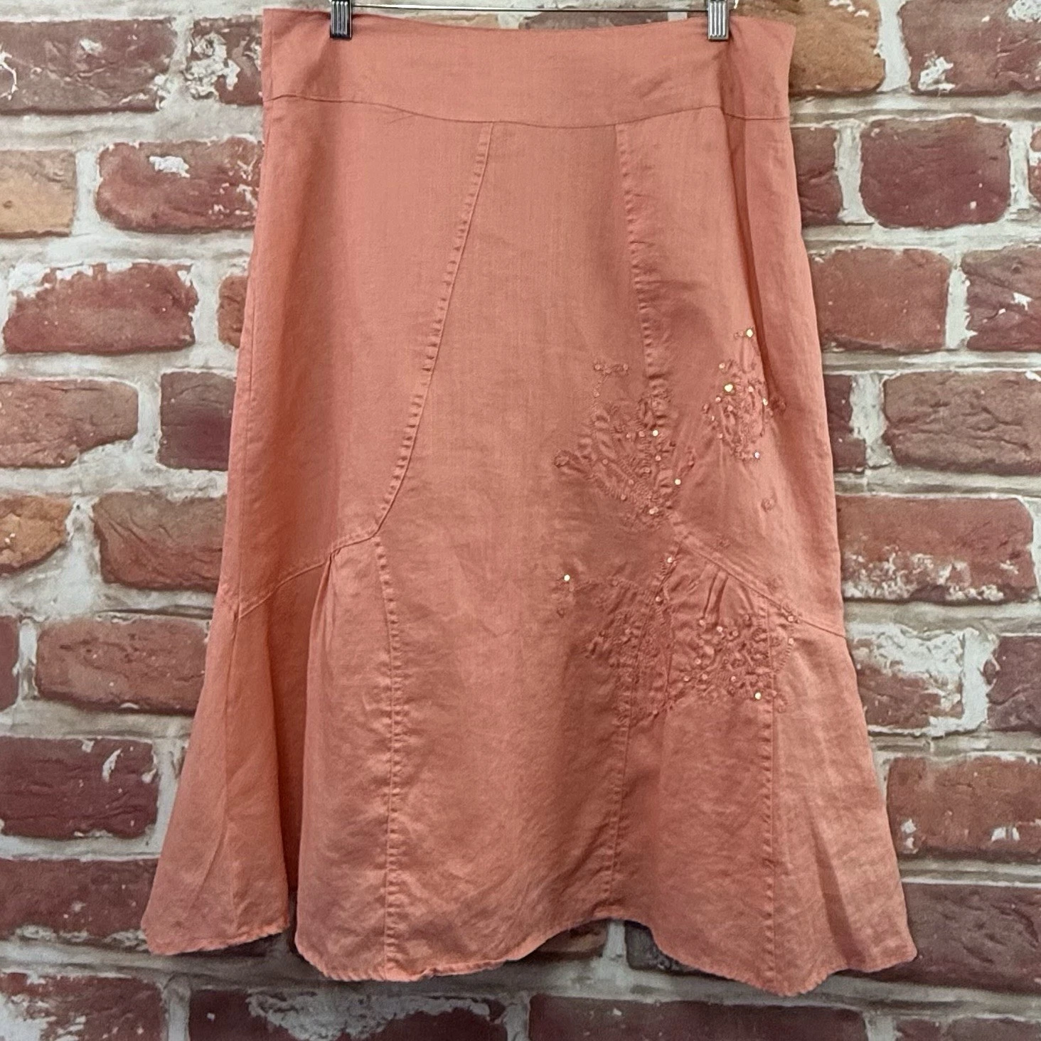 Naji Giorgiana Skirt Womens L Coral Pink 100% Linen Embroidered Casual Midi
