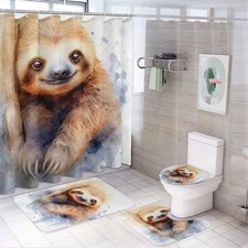 4 Pcs Tree Branch Sloth Shower Curtain Set with Non-Slip Rug, Lid Cover, Bath...