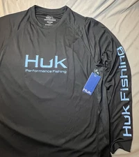 HUK Men’s Fishing Shirt Large Black Long Sleeve Stretch Performance Lightweight