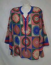 JOHNNY WAS Villa Silk Tile Sun Print Split Lace-Up 3/4 Sleeve Blouse XL