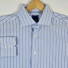 David Donahue Blue Striped Button Up Dress Shirt 17 34/35 Career Trim Fit