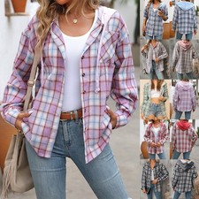 Ladies Hooded Check Baggy Long Sleeve Shacket Top Shirts Blouse Jacket PLUS SIZE