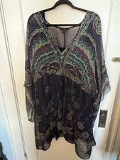 Zandra Rhodes Women's US 18, Kimono Style Lined Dress. Sheer, Beaded Purple Blue