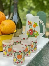 MCM 1950's Hazel Atlas Frosted Glass Juice Pitcher & Cups Set by Gay Fad Studios