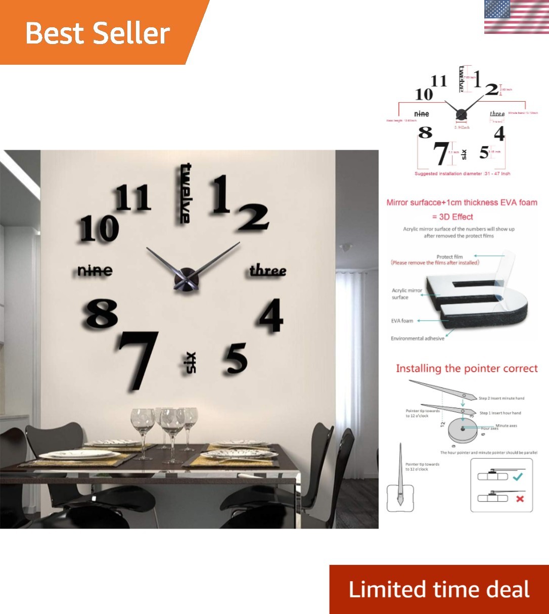 Large 3D Frameless DIY Mirror Wall Clock Modern Art Deco Design for Home