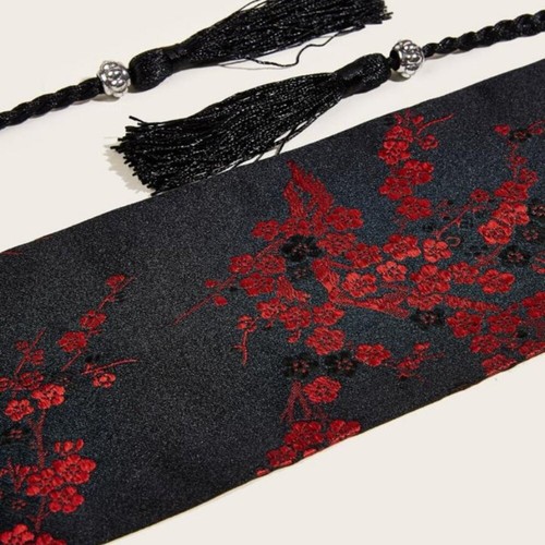 Women's Asian Chinese Black & Red Floral Pattern Wide Tie Tassel Belt - Picture 4 of 4