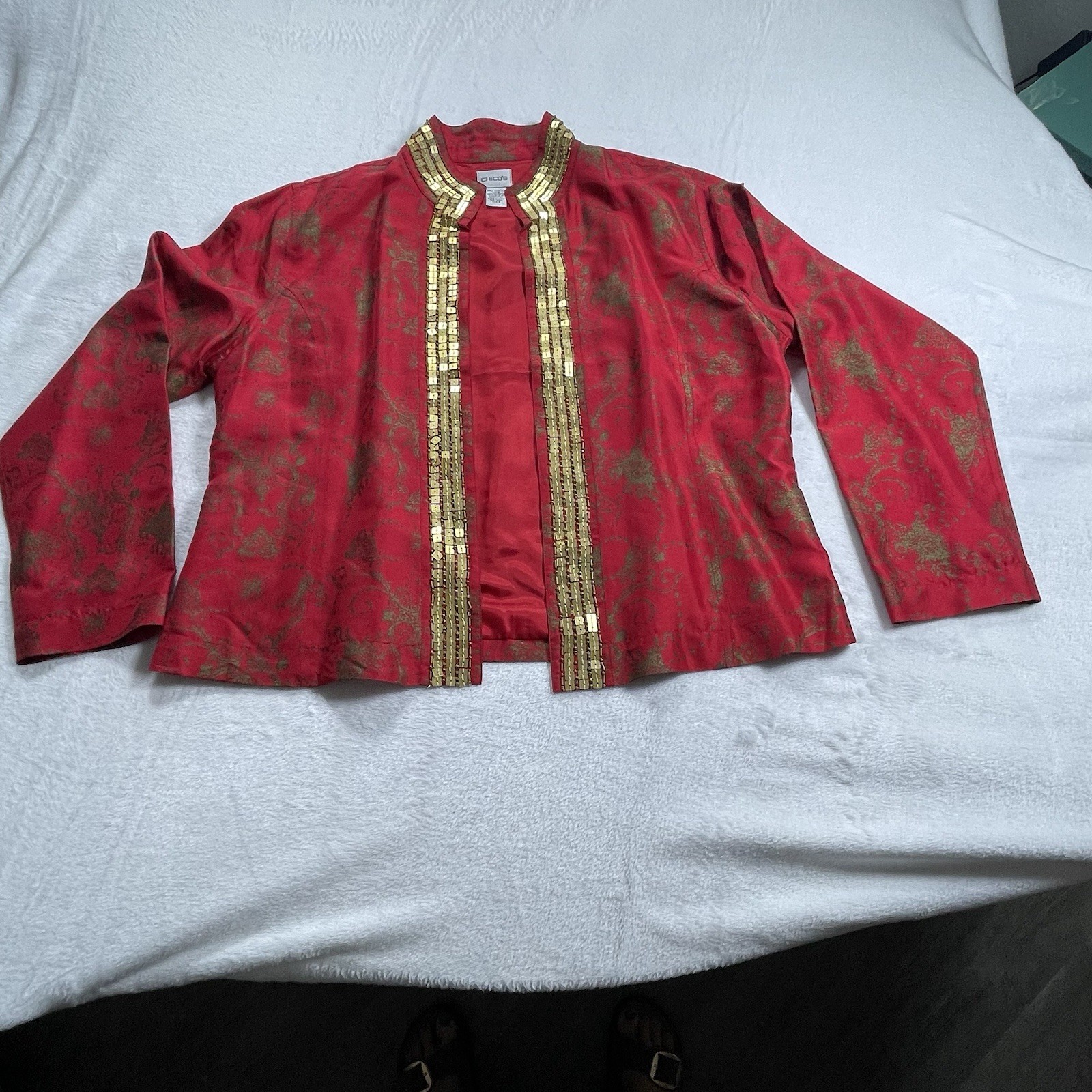 Chico's Women's Jacket 100% Silk Red, Gold hand stiched Sequins, Size 2