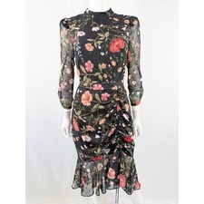 Eliza J Black Poppy Floral Print Belted Midi Dress Size 4 Formal Cocktail Party