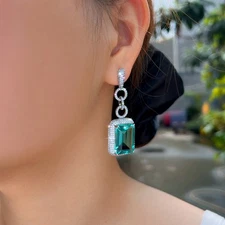 Silver Plated Long Blue Cubic Zirconia Dangle Drop Earrings for Women Party Gift