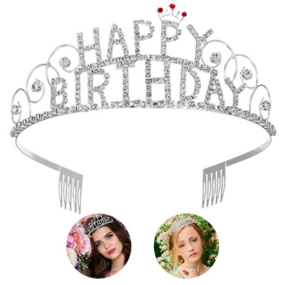 BAHABY Silver Crown & Happy Birthday Cake Topper Set - Rhinestone Tiara For Birthday Decor - View #4