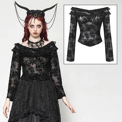 DARK IN LOVE Gothic Flores Top Schwarz Netz Flockprint Transparent NEO GOTH