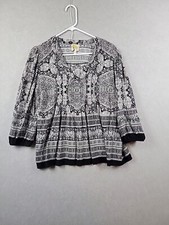 Fig And Flower Black Floral 3/4 Sleeve V Neck Blouse Women's Medium