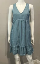 Cynthia Rowley Linen Sleeveless V Neck Dress Ruffled Hem Lagenlook Size Small