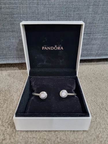 PANDORA Sterling silver 925 Signature Logo Pave Open Cuff Bangle 590528 Size 2 - Picture 1 of 14
