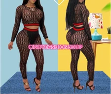 USA Women Two-Piece Crop Top +Pants Bodysuit See Through  Play suit Jumpsuit #J6