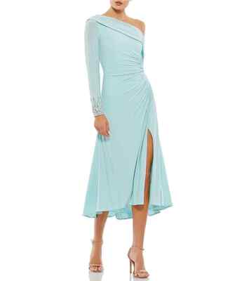 IEENA MAC DUGGAL Powder Baby Blue One-Shoulder Long Sleeve Midi Dress Sz 20  | eBay