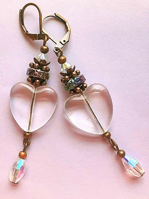 GLASS HEART HEMATITE CRYSTAL dangle COPPER LEVER BACK handcrafted XX