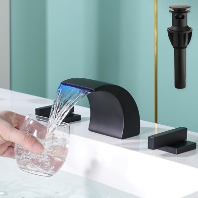 AUU Waterfall Bathroom Faucet, Matte Black, LED, Widespread, Brass, Pop-up Drain