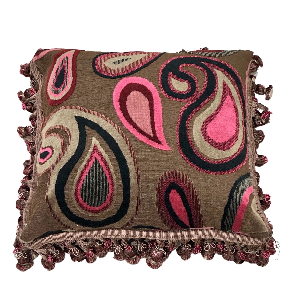 Custom Woven Throw Pillow Down Insert Feather Tassels Paisley Flowing 16" x 16" - Image 3 of 4