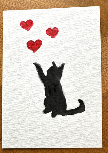 ACEO original kitty cat reaching for hearts ATC OOAK Cherie Donnell
