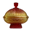 Vintage Jeanette Amberina Covered Candy Dish Compote Glass Lid Acorn Pattern